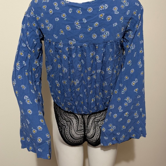 Free People Forties Feels Blue Floral Print Top Bell Sleeve Bodysuit Boho - Picture 8 of 15